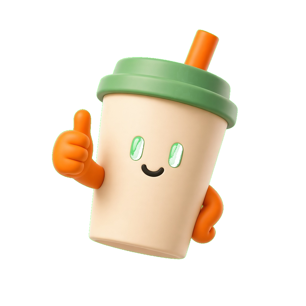 Maskot YEHUY — gelas kopi playful sedang thumbs-up